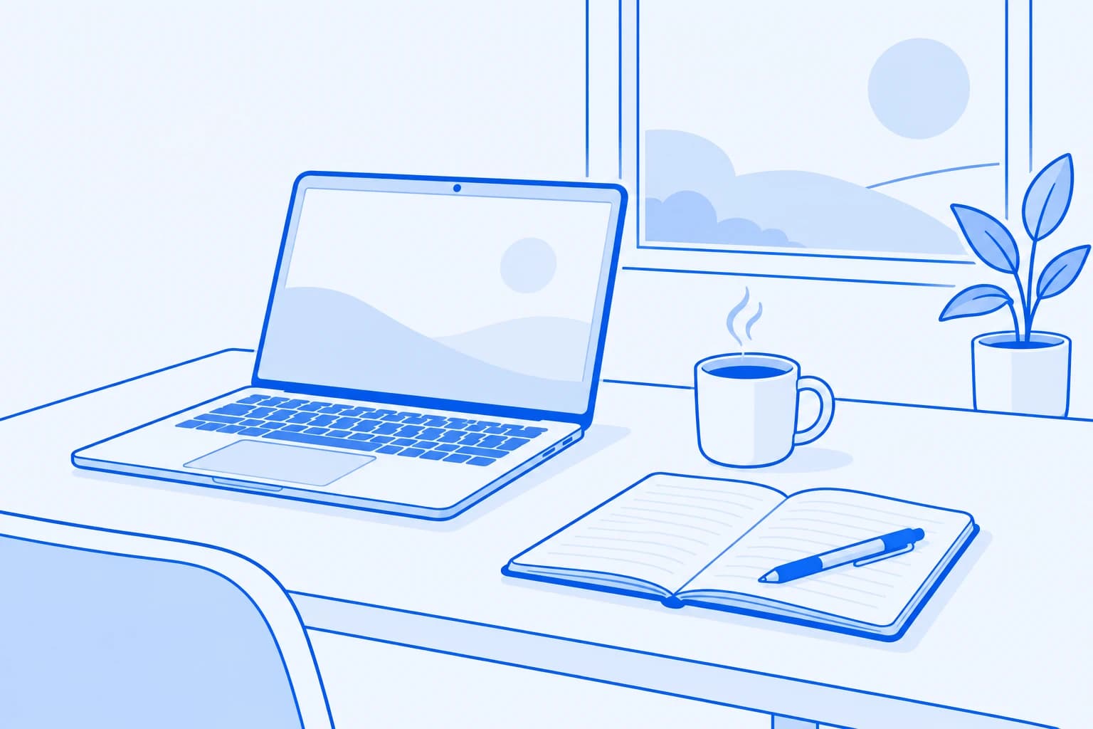 Blue outline illustration of a laptop, notebook and coffee cup on a desk
